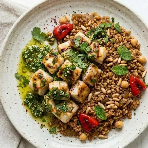 Grilled harra fish with coriander chili sauce & bulgur pilaf